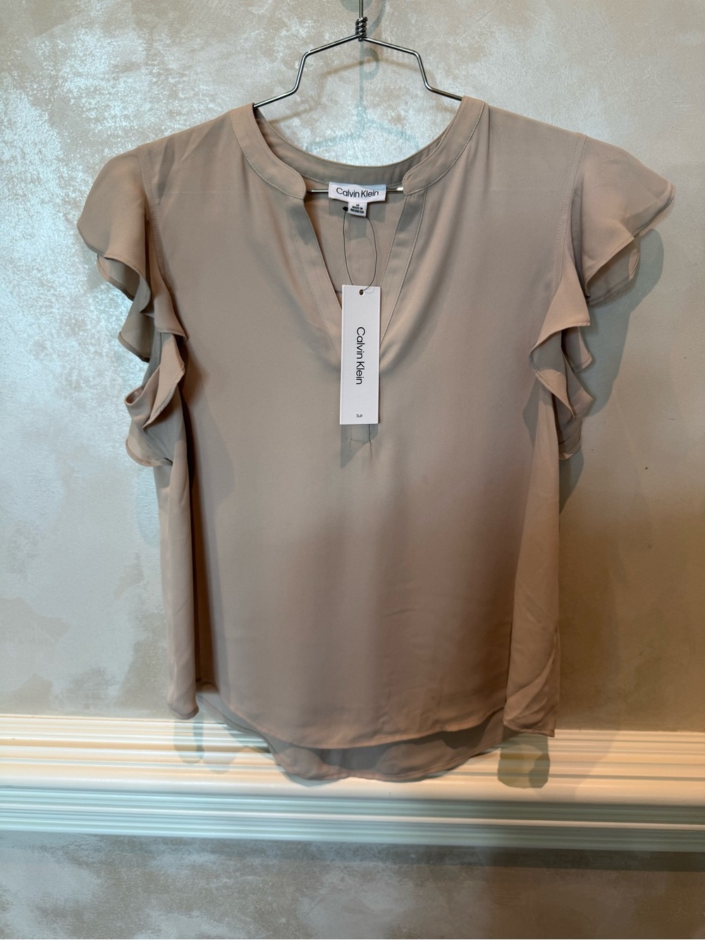 Calvin Klein Taupe Ruffle Sleeve Split-Neck Blouse